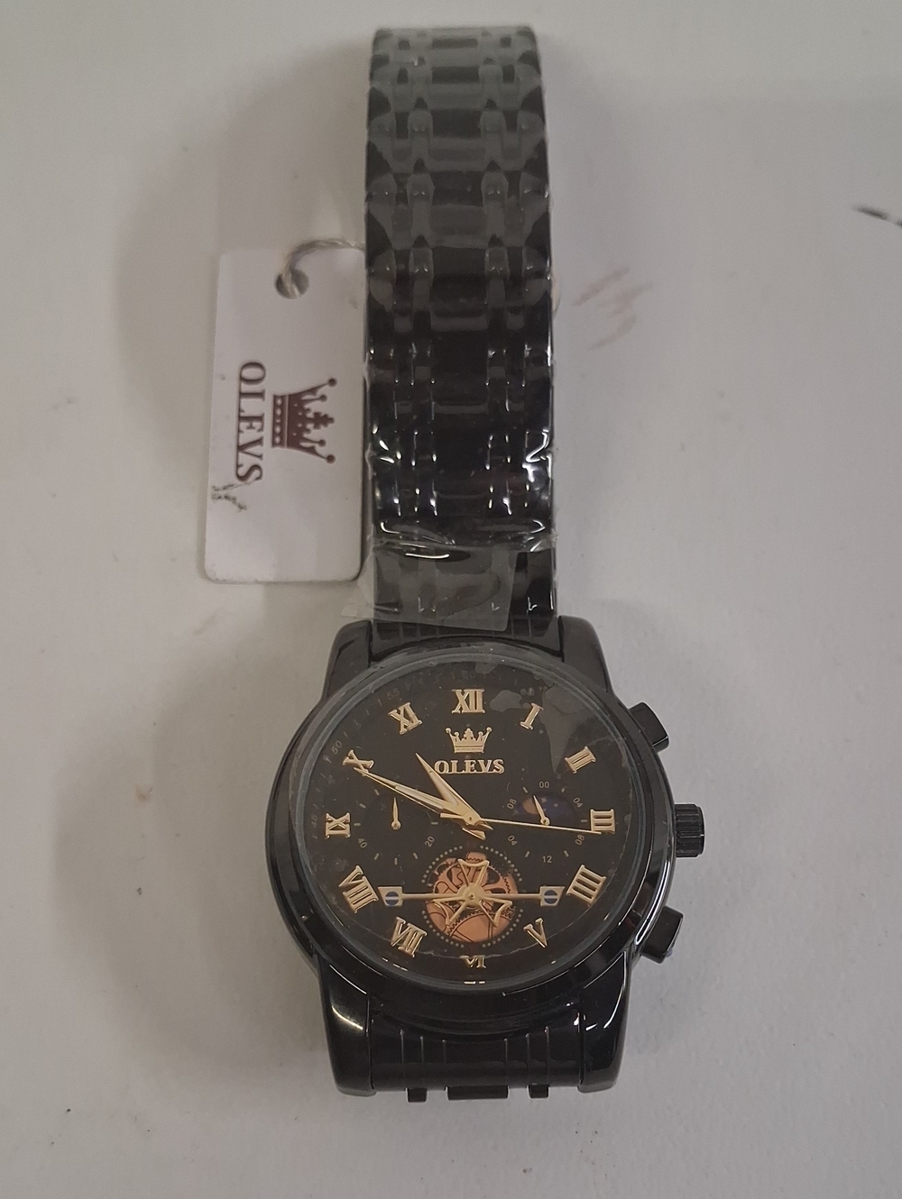 NWT OLEVS Men Skeleton Watch Stainless Steel Analog Quartz Moon Phase Watch